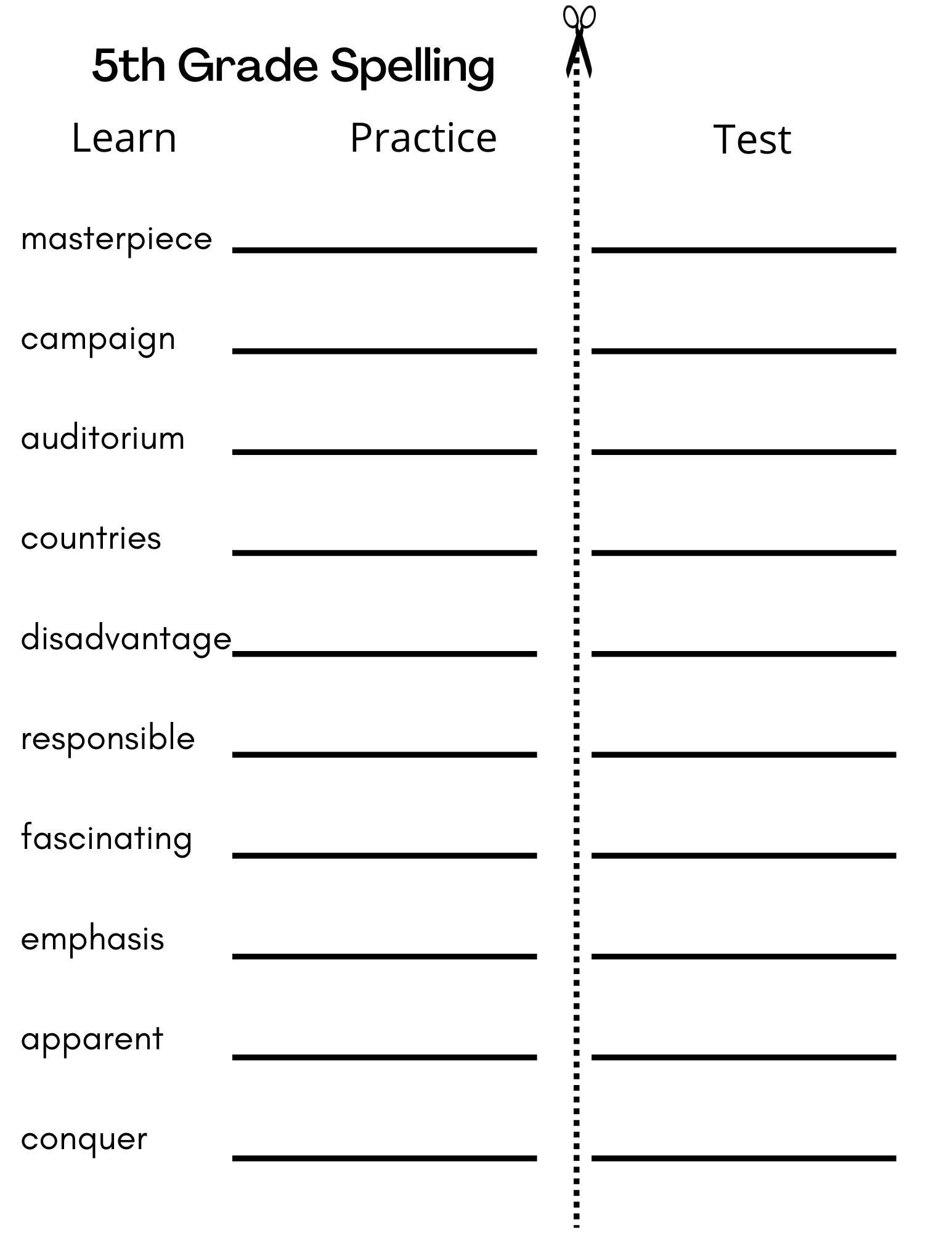 5Th Grade Printable Spelling Worksheets