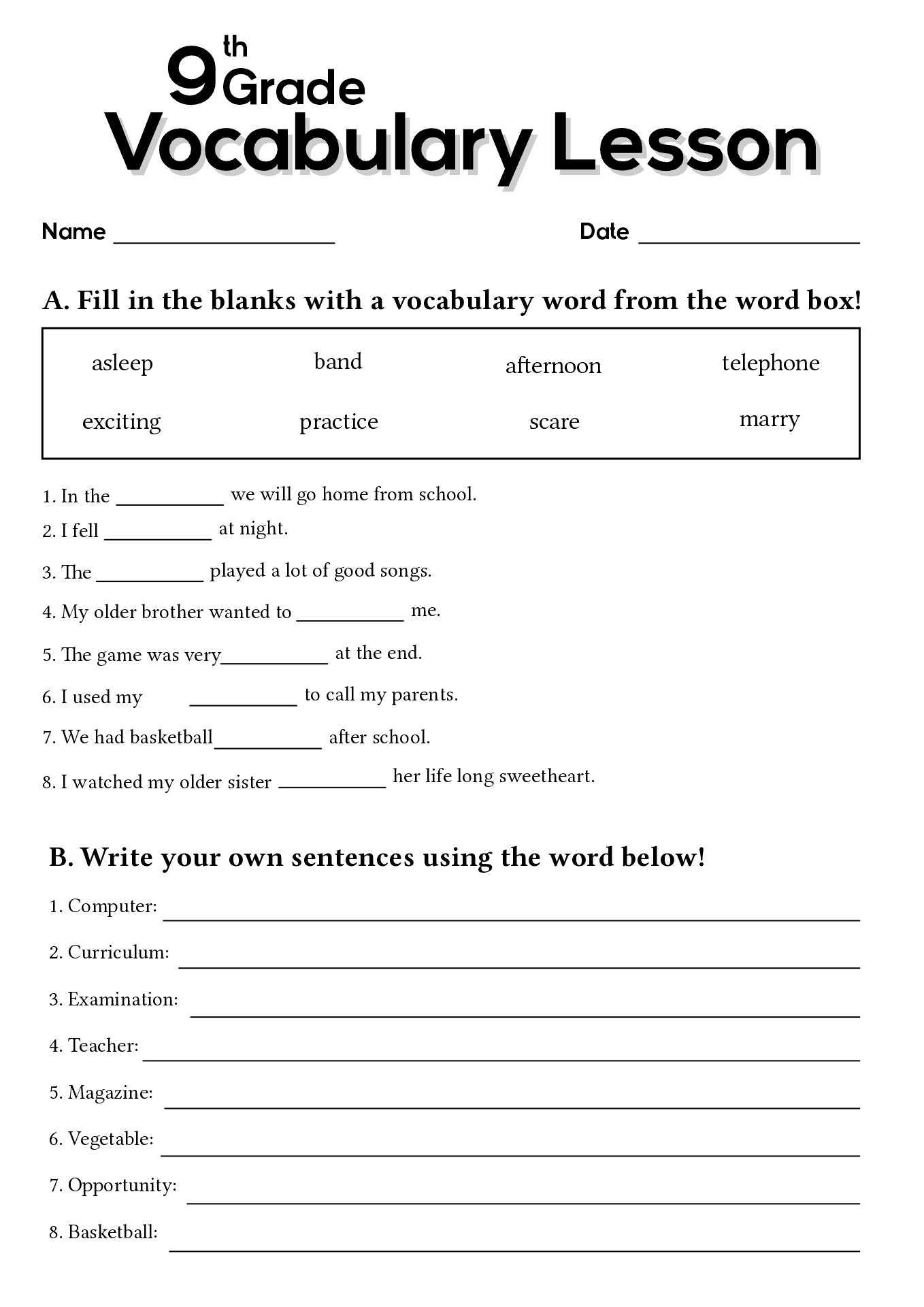 9Th Grade Spelling Games Printable Worksheets