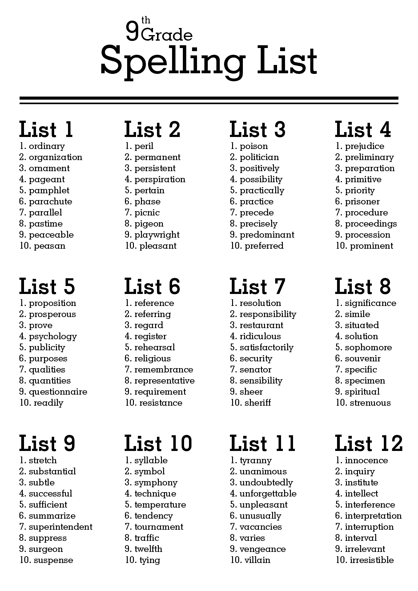 9Th Grade Spelling Worksheets Printable
