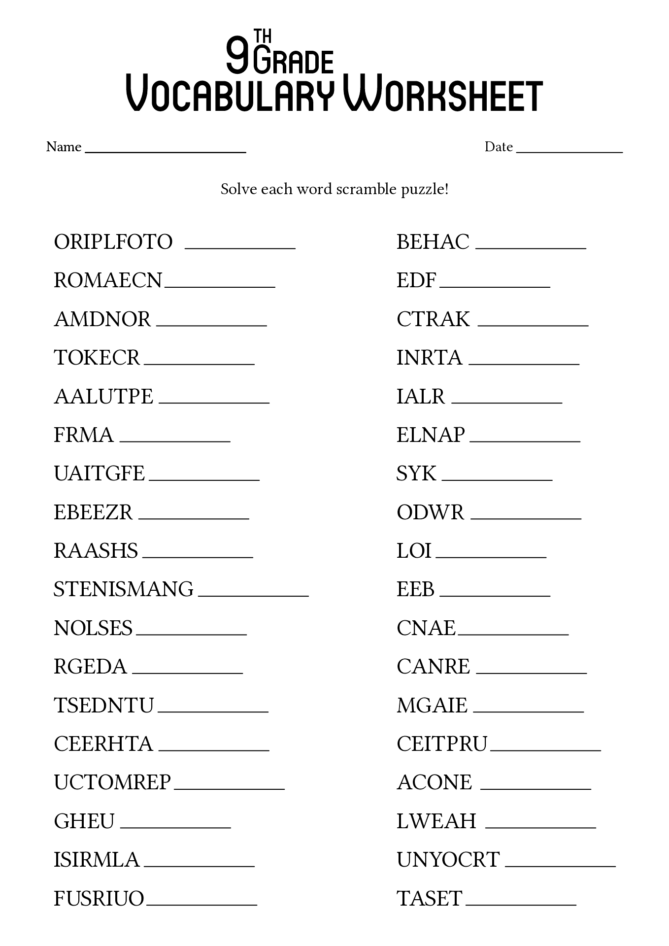 9Th Grade Vocabulary Printable Worksheets