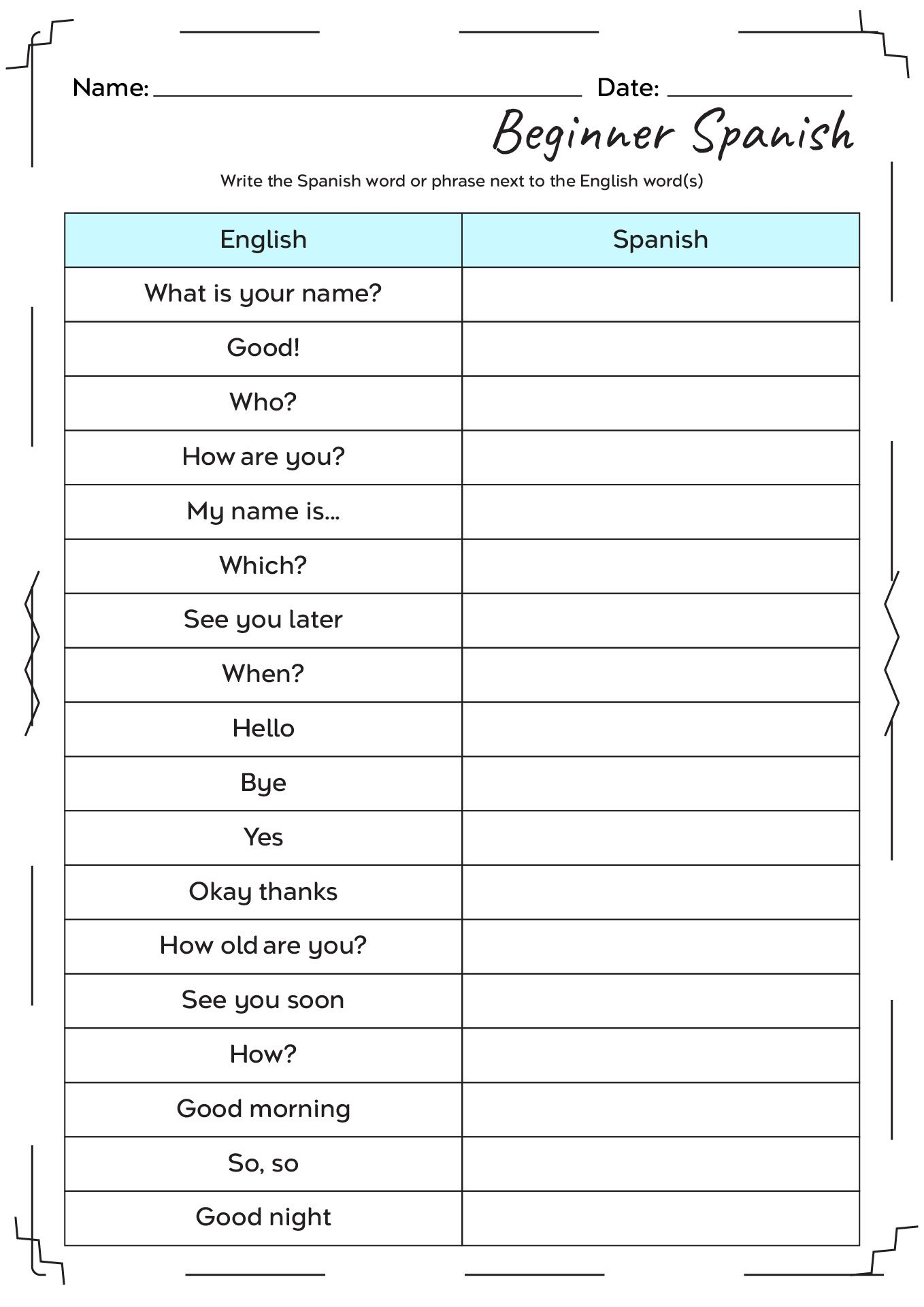 English To Spanish Printable Spanish Worksheets