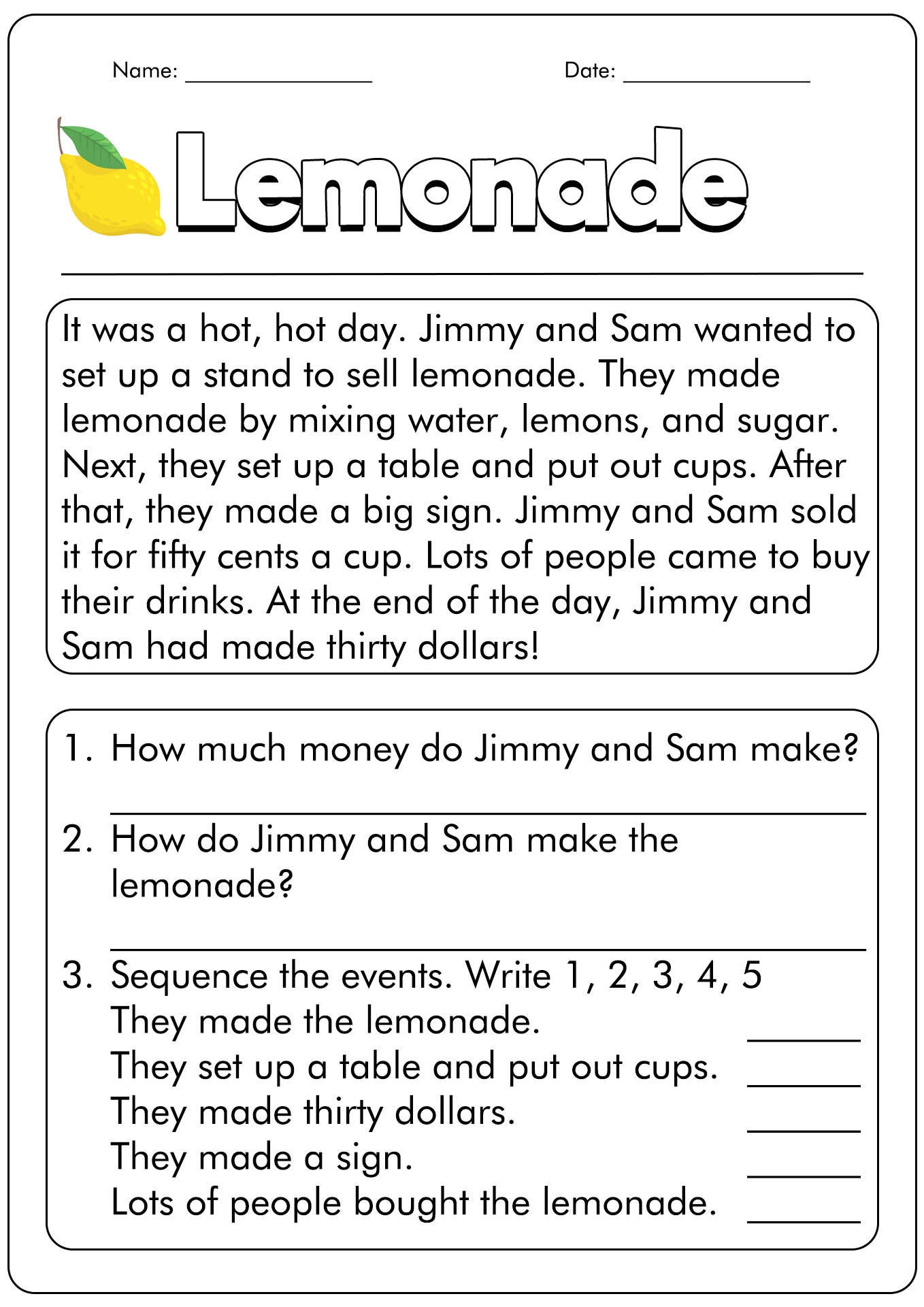 1St Grade Comprehension Printable Worksheets