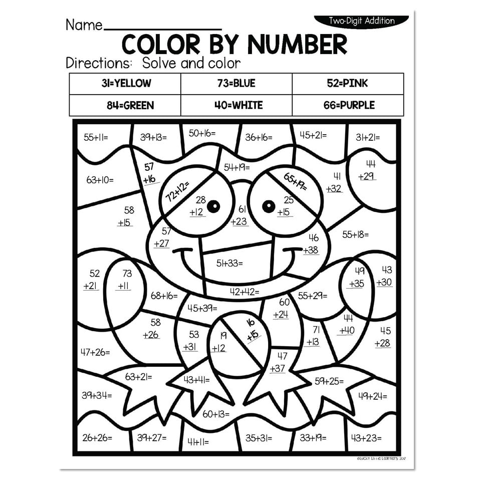 2 Digit Addition Summer Color By Number Frog Lucky Little Learners
