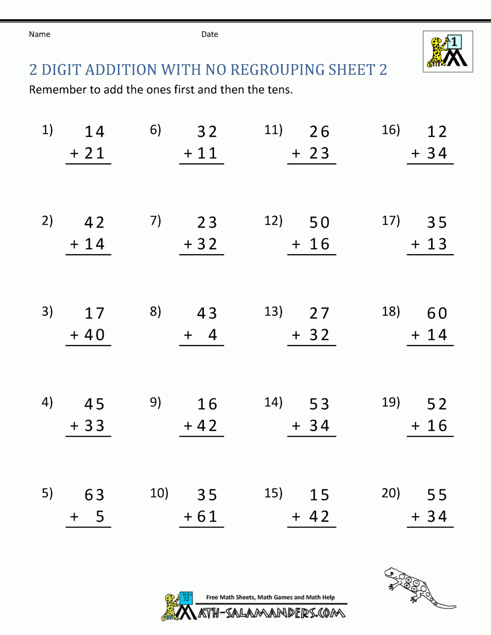 2 Digit Addition Without Regrouping Printable Worksheets