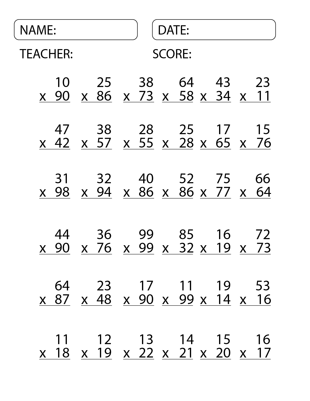 Double Digit Multiplication Worksheets Printable