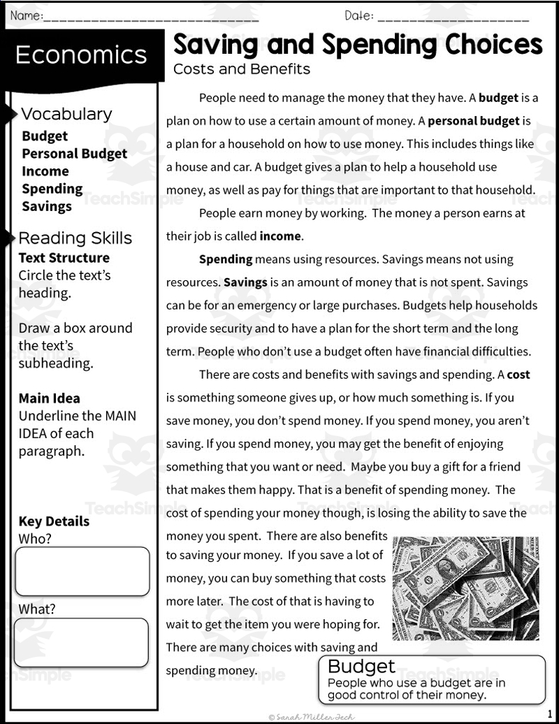 2nd Grade Reading Packet Saving And Spending Choices By Teach Simple