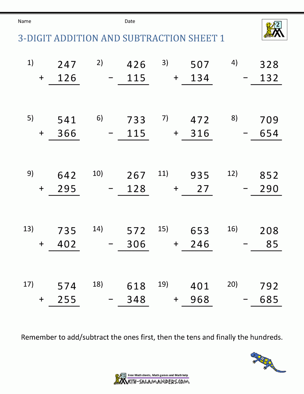 3 Digit Addition And Subtraction Worksheets