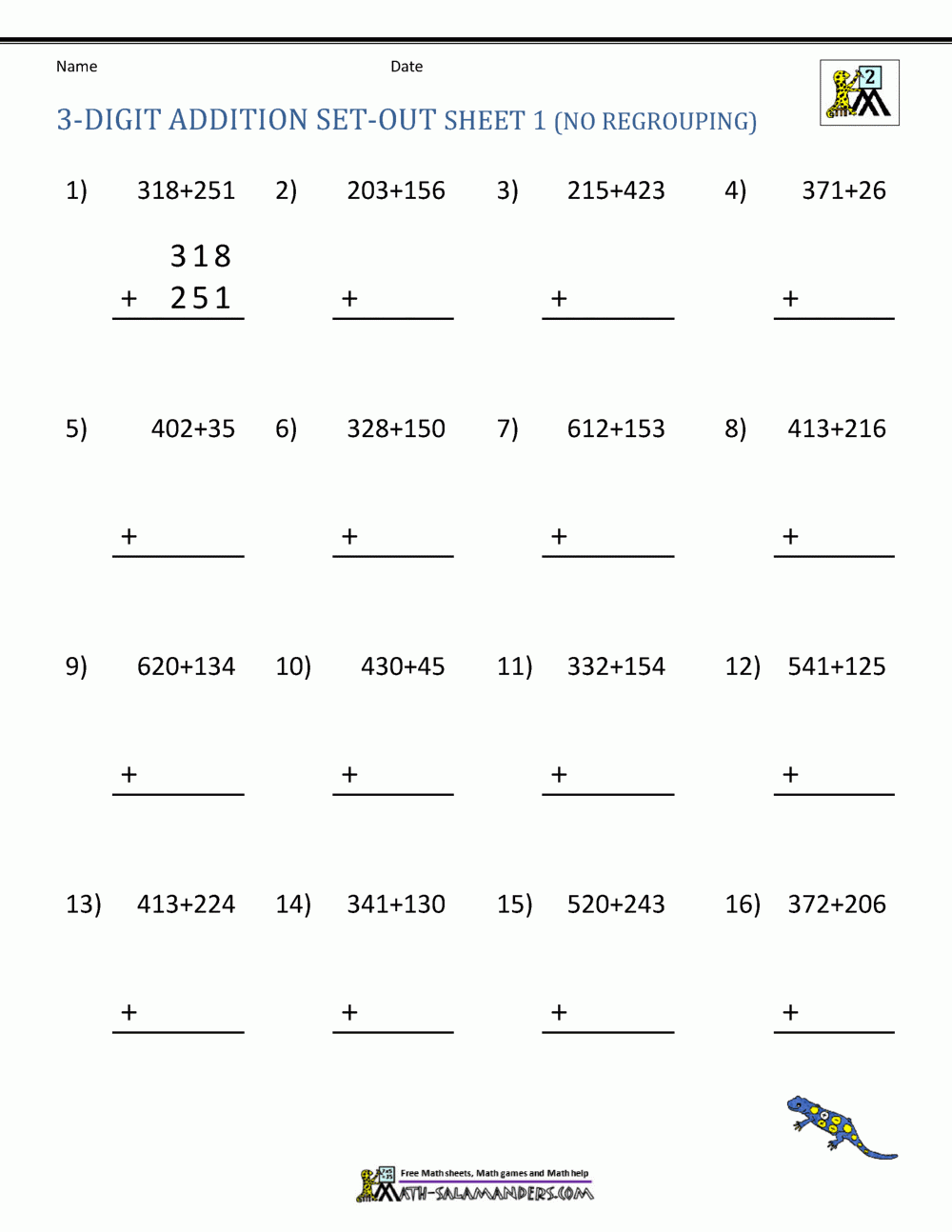 Adding Three Digit Numbers Printable Worksheets