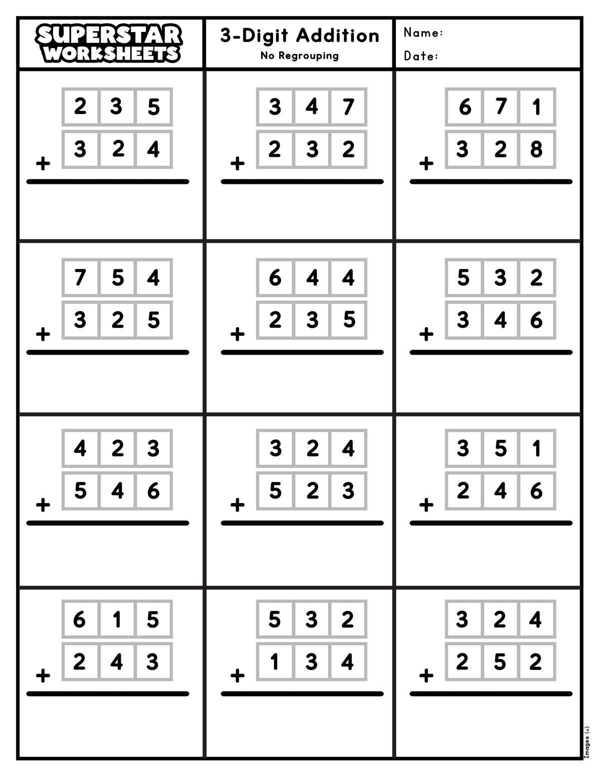 3 Digit Printable Addition Worksheets