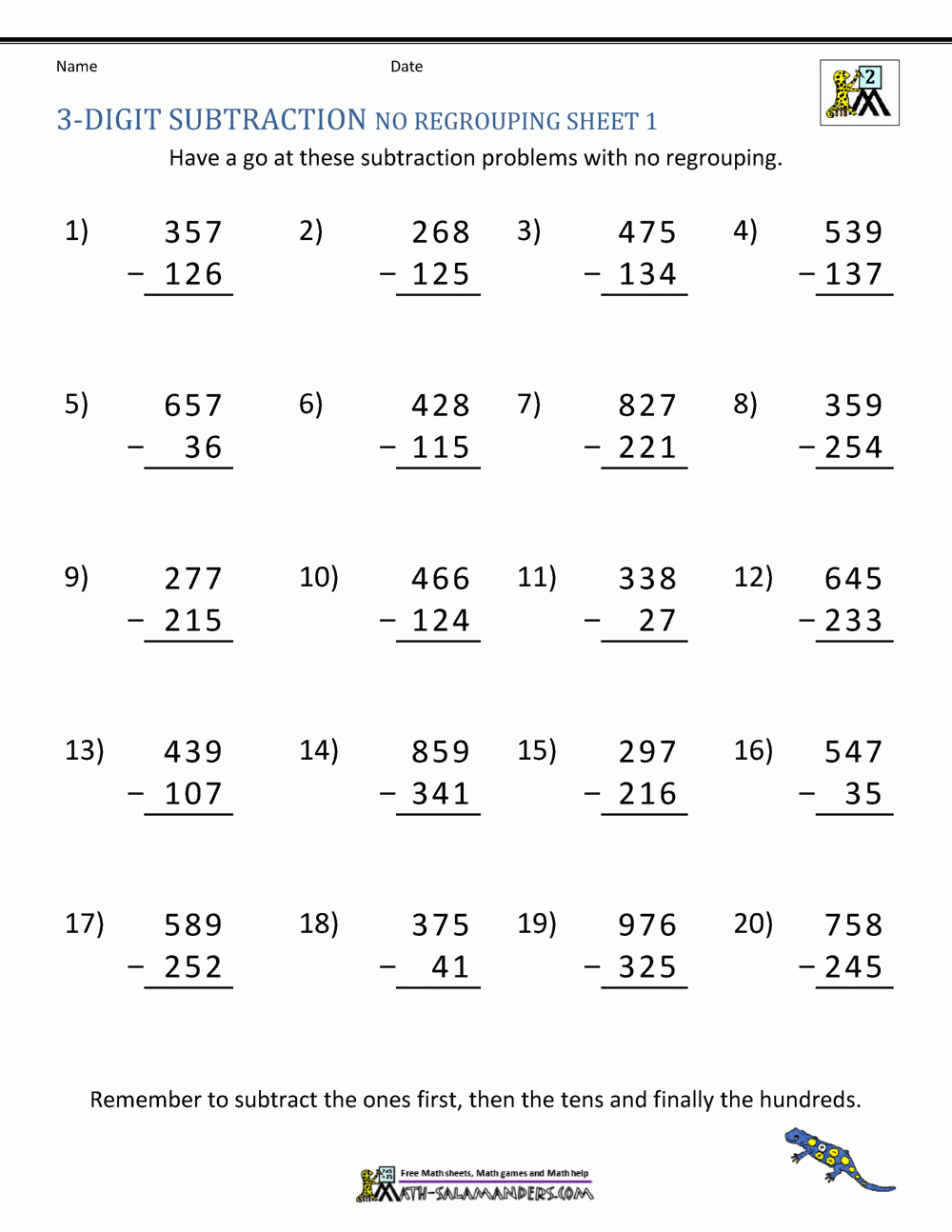 3 Grade Math Aubtraction Worksheets Printable