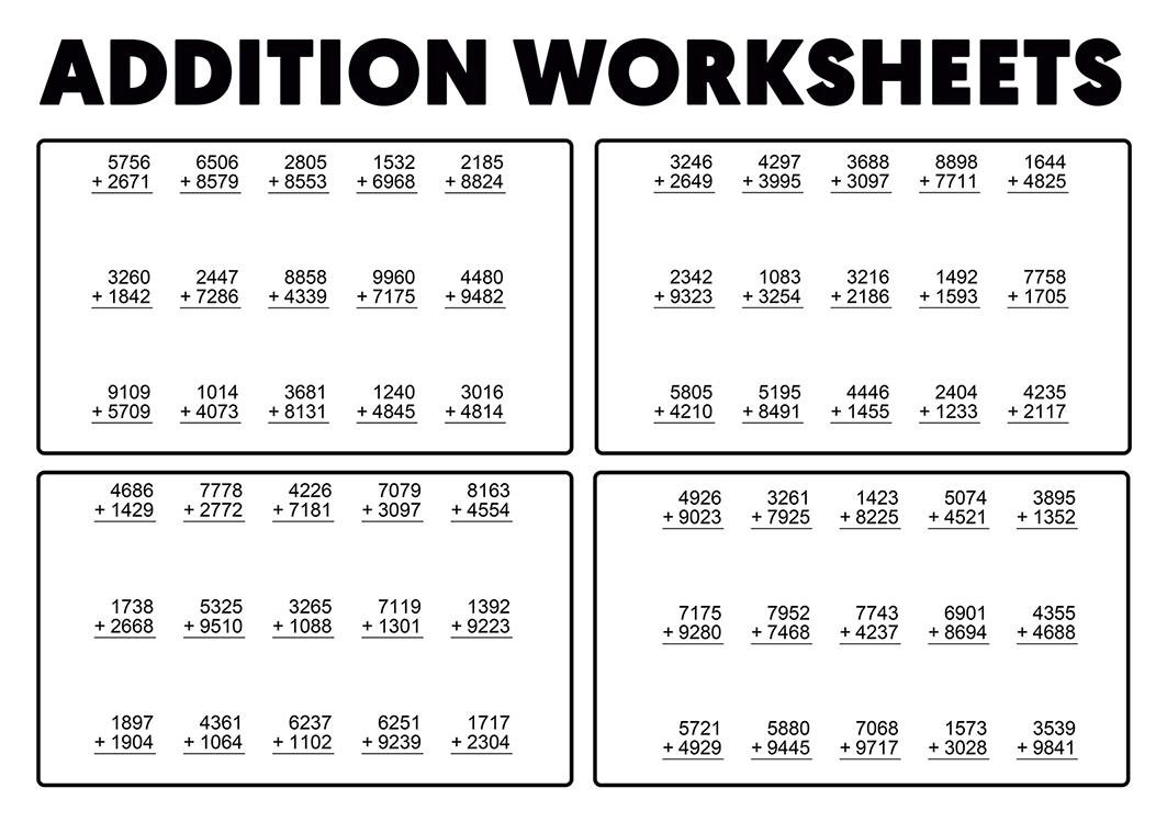 Four Digits Addition Printable Worksheets
