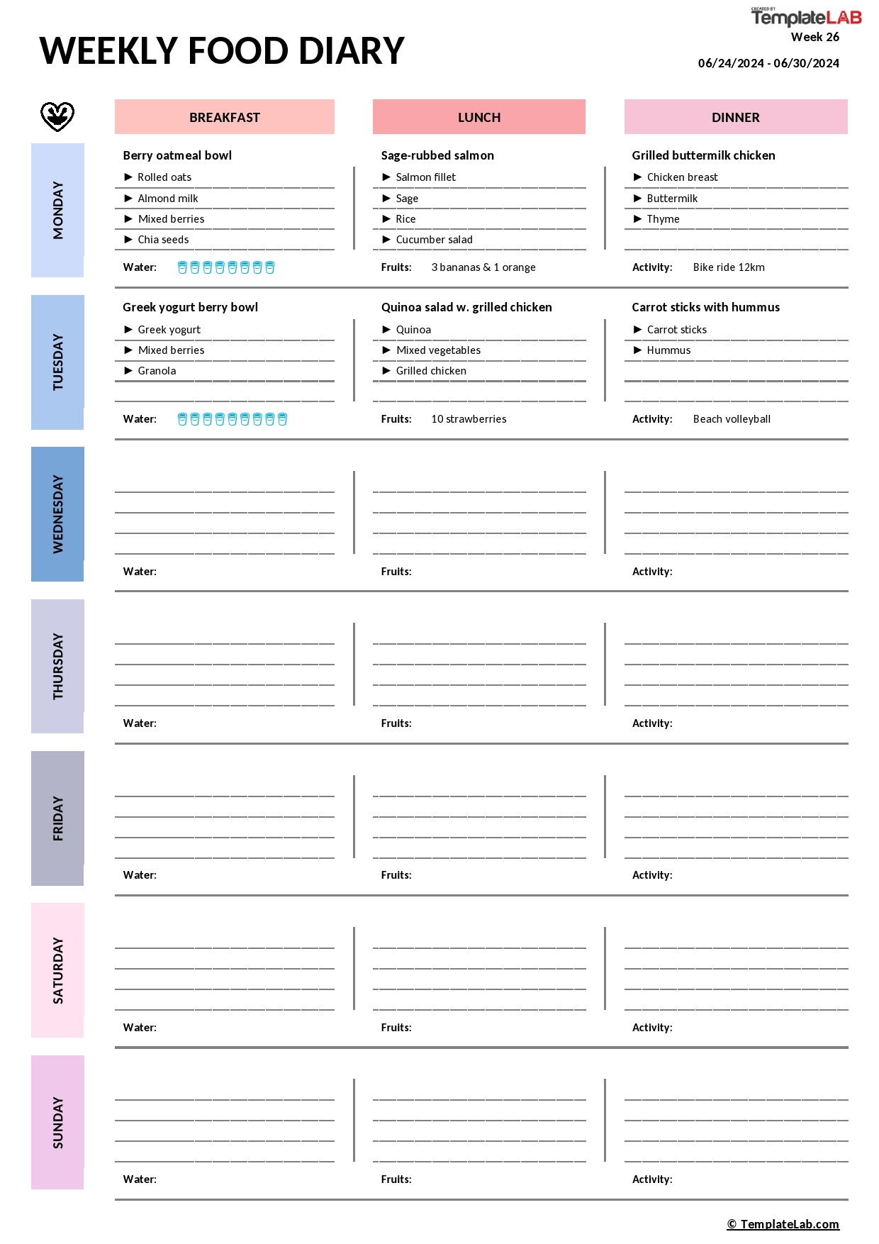 Food Diary And Symptoms Worksheets Printable