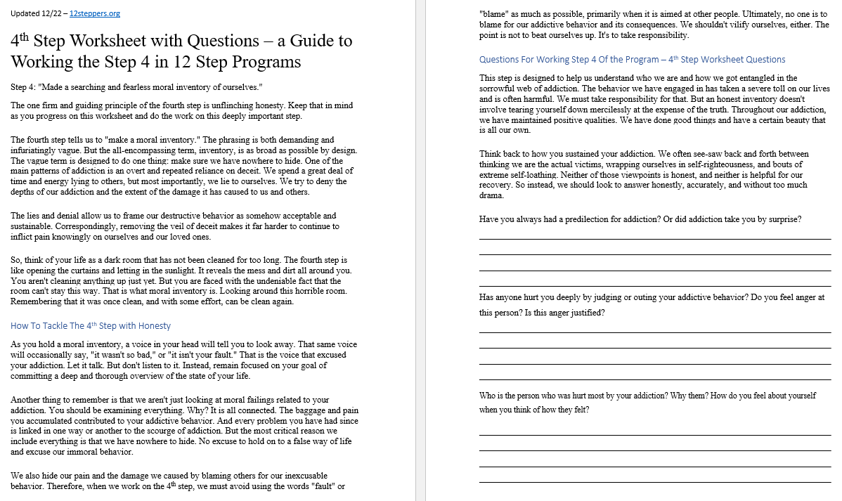 Al Anon Step 4 Printable Worksheets