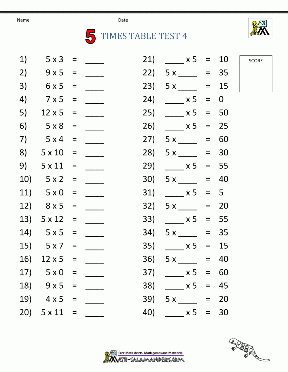 Five Times Tables Worksheets Printable