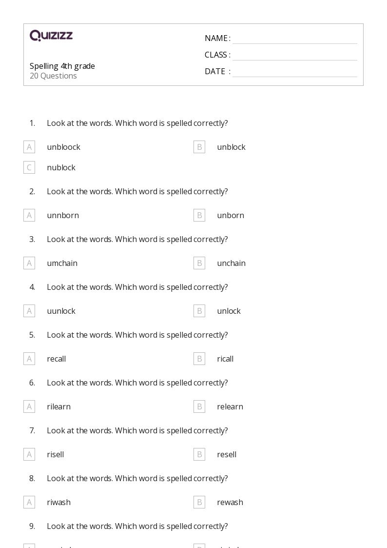 4Th Grade Spelling Worksheets Printable