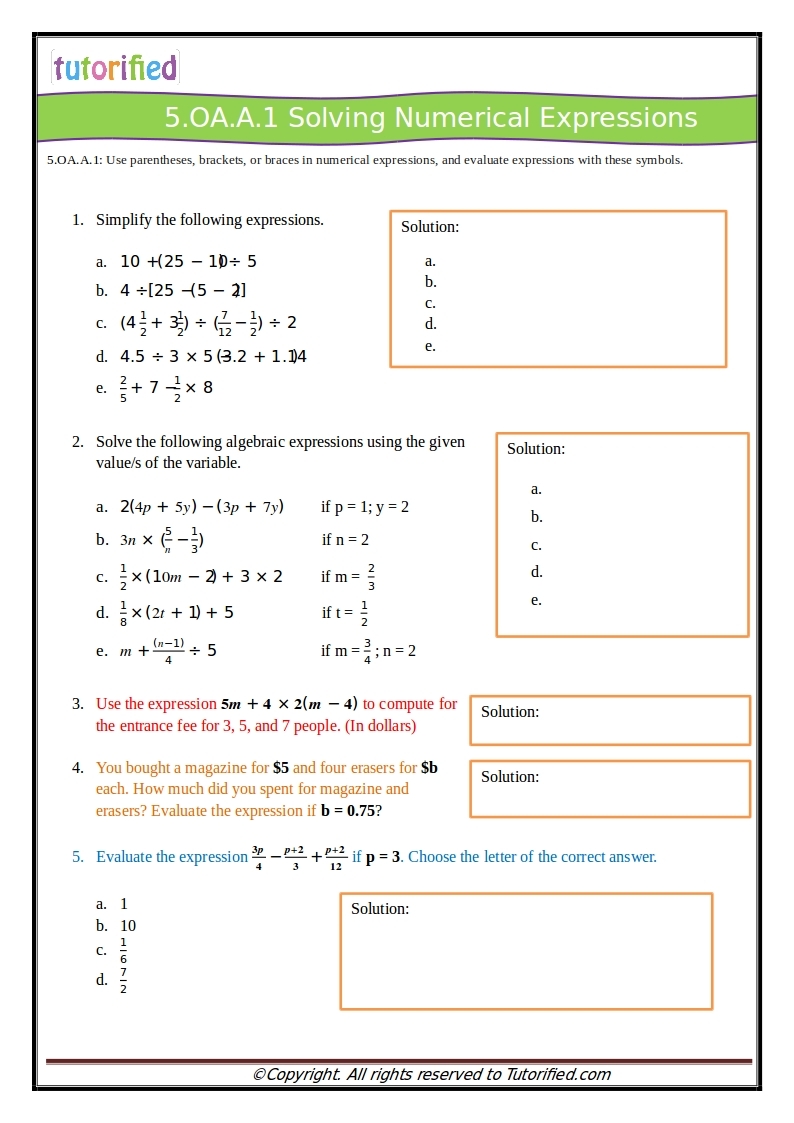5Th Grade Common Core Standards Printable Worksheets