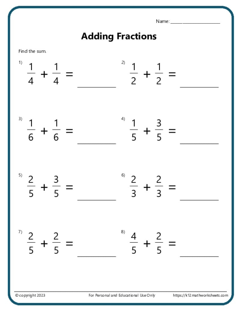 5Th Grade Math Worksheets Fractions Printable