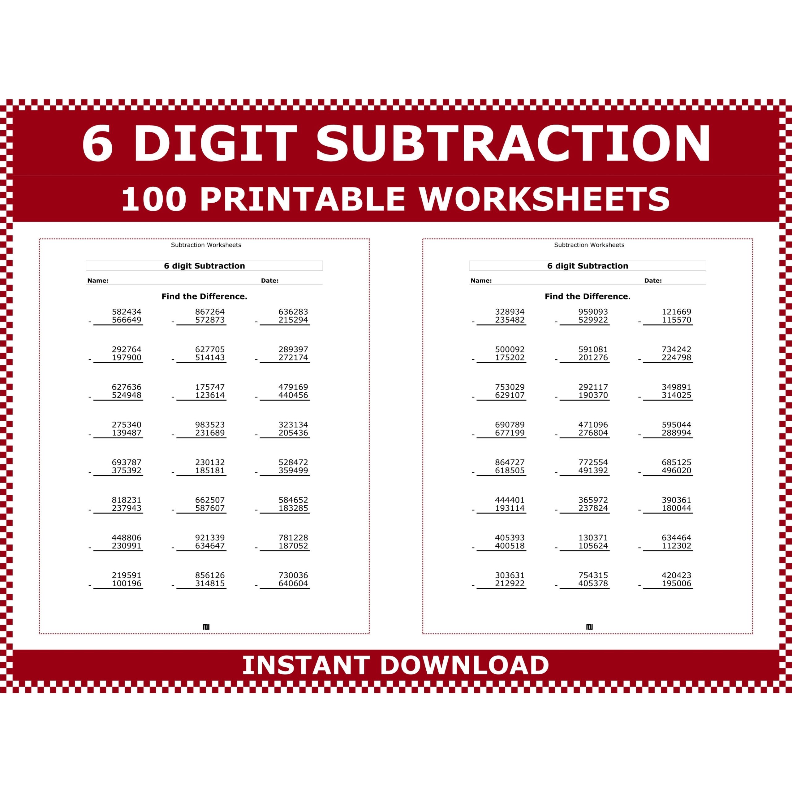 6 Digit Subtraction Worksheets 6 Digit Minus 6 Digit Subtraction Long Subtraction With 6 Digit Numbers By Acminimalist Etsy