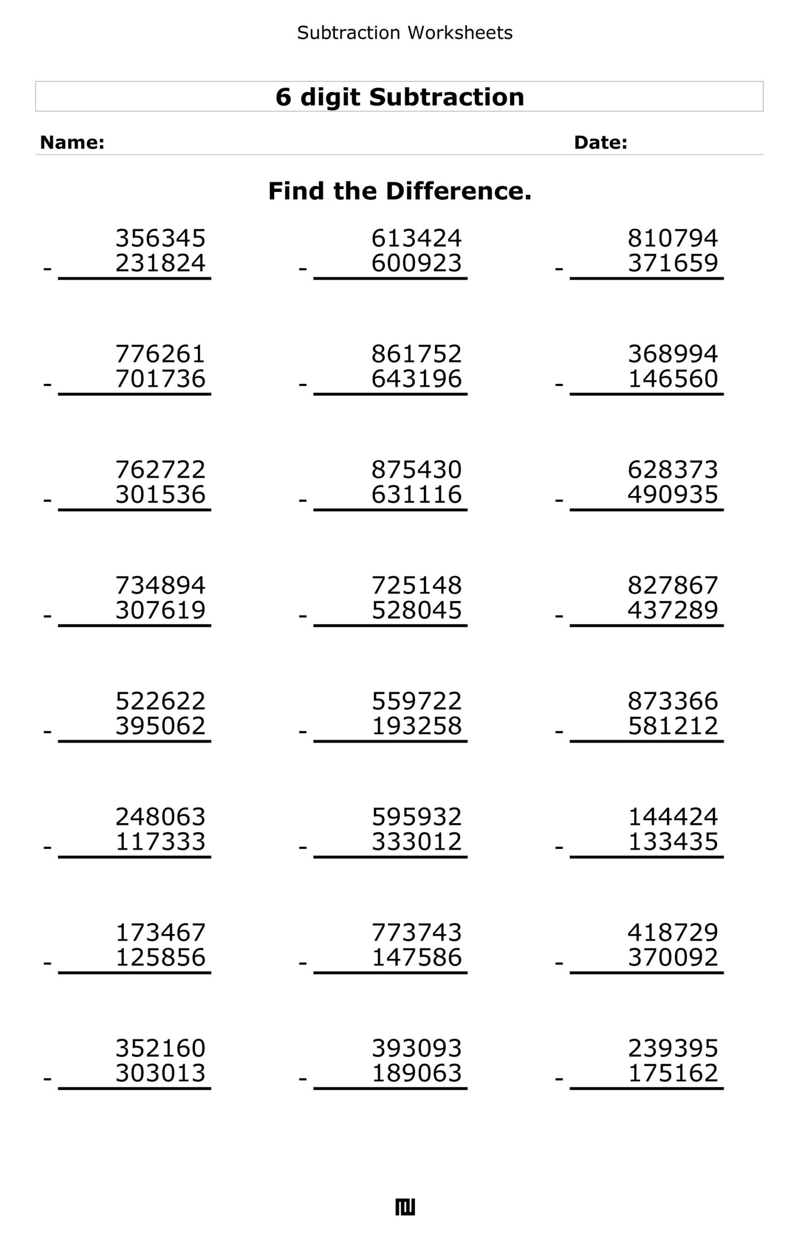 6 Digit Subtraction Worksheets Printable