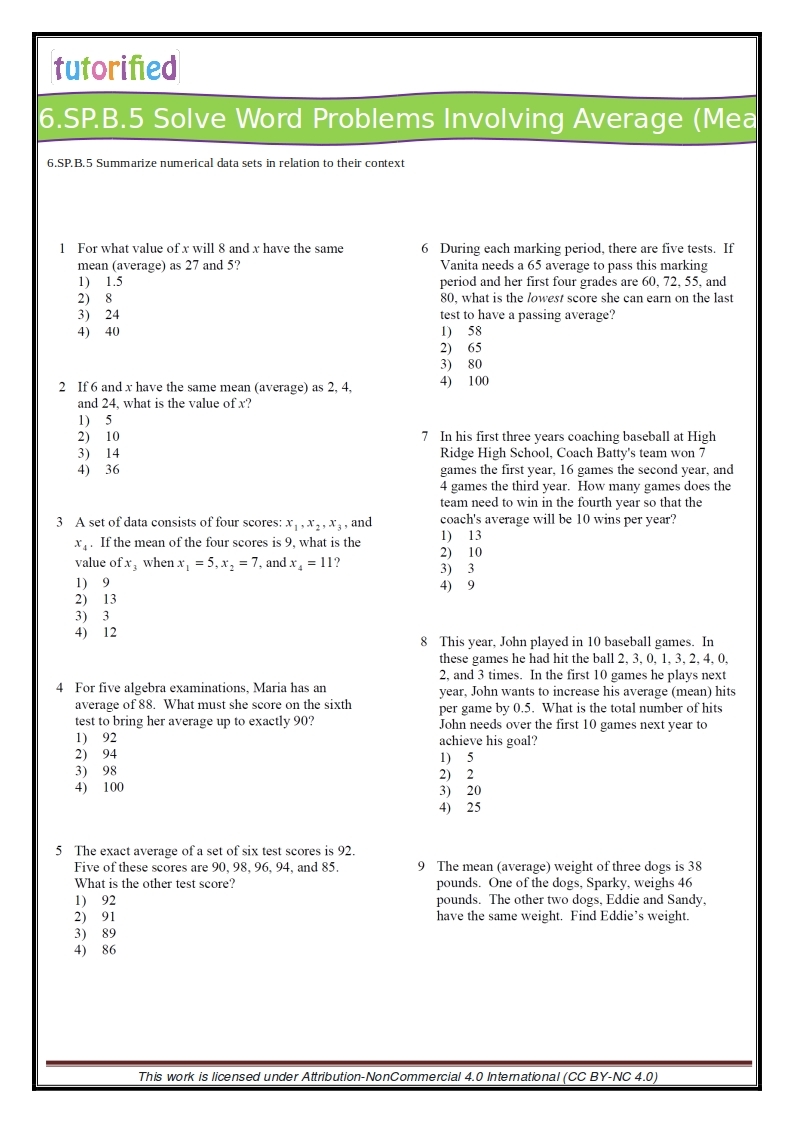 6Th Grade Math Word Problems Printable Worksheets