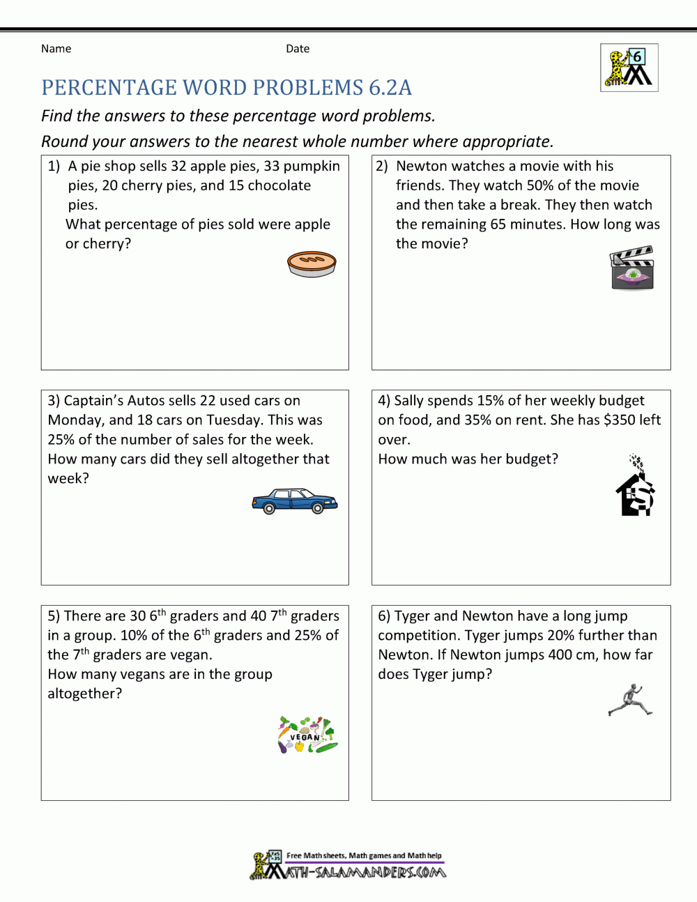 6th Grade Percent Word Problems