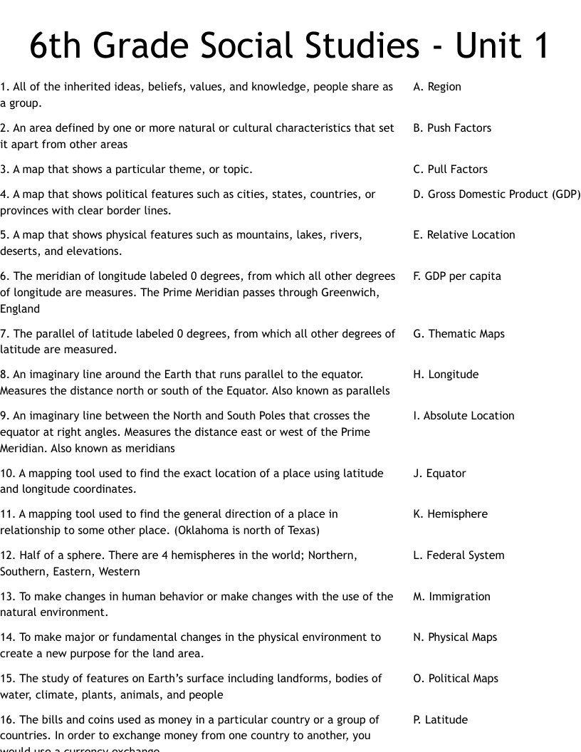6th Grade Social Studies Unit 1 Worksheet WordMint