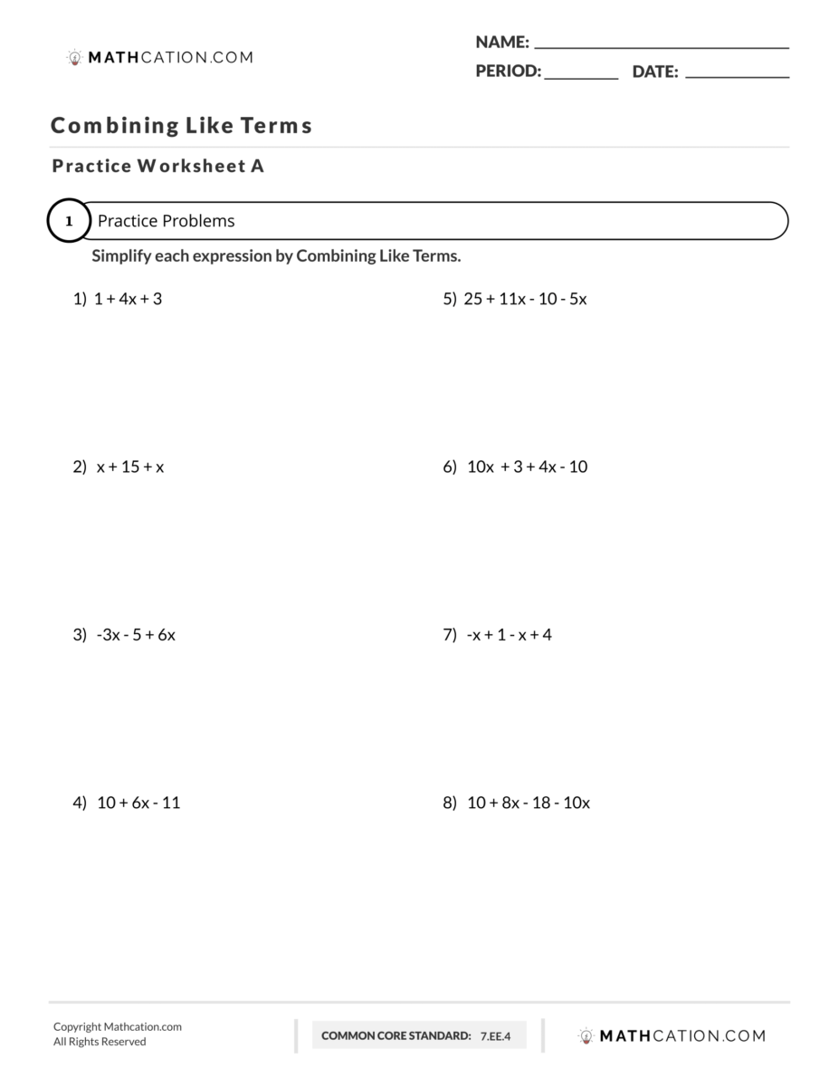 Combining Like Terms Free Printable Worksheets