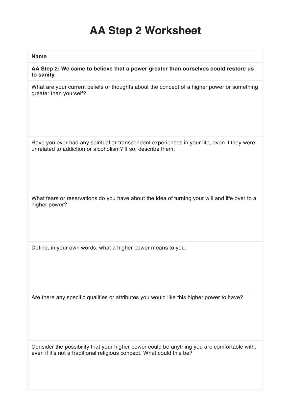 AA Step 2 Worksheet Example Free PDF Download