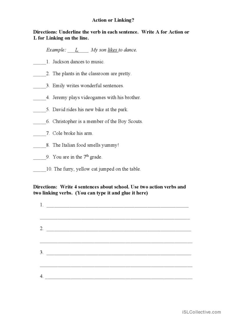 Action Vs. Linking Verbs, Printable Worksheets