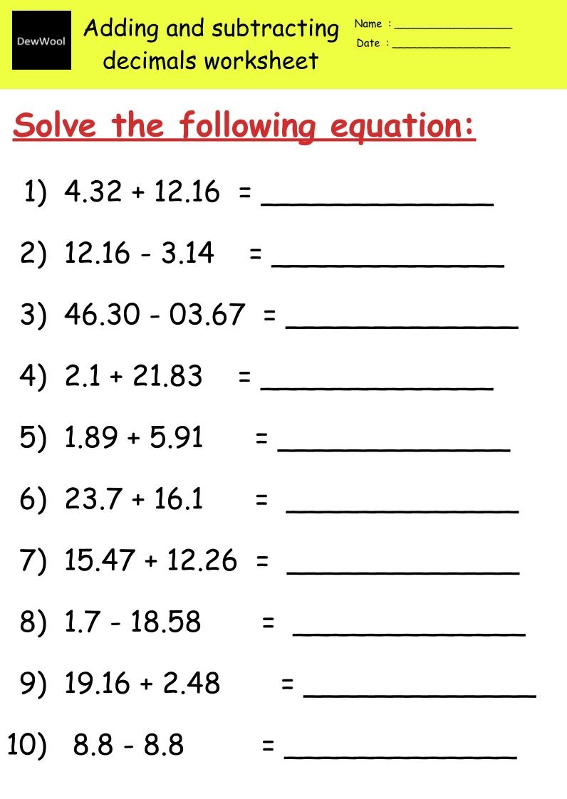 Adding And Subtracting Decimals Printable Worksheets