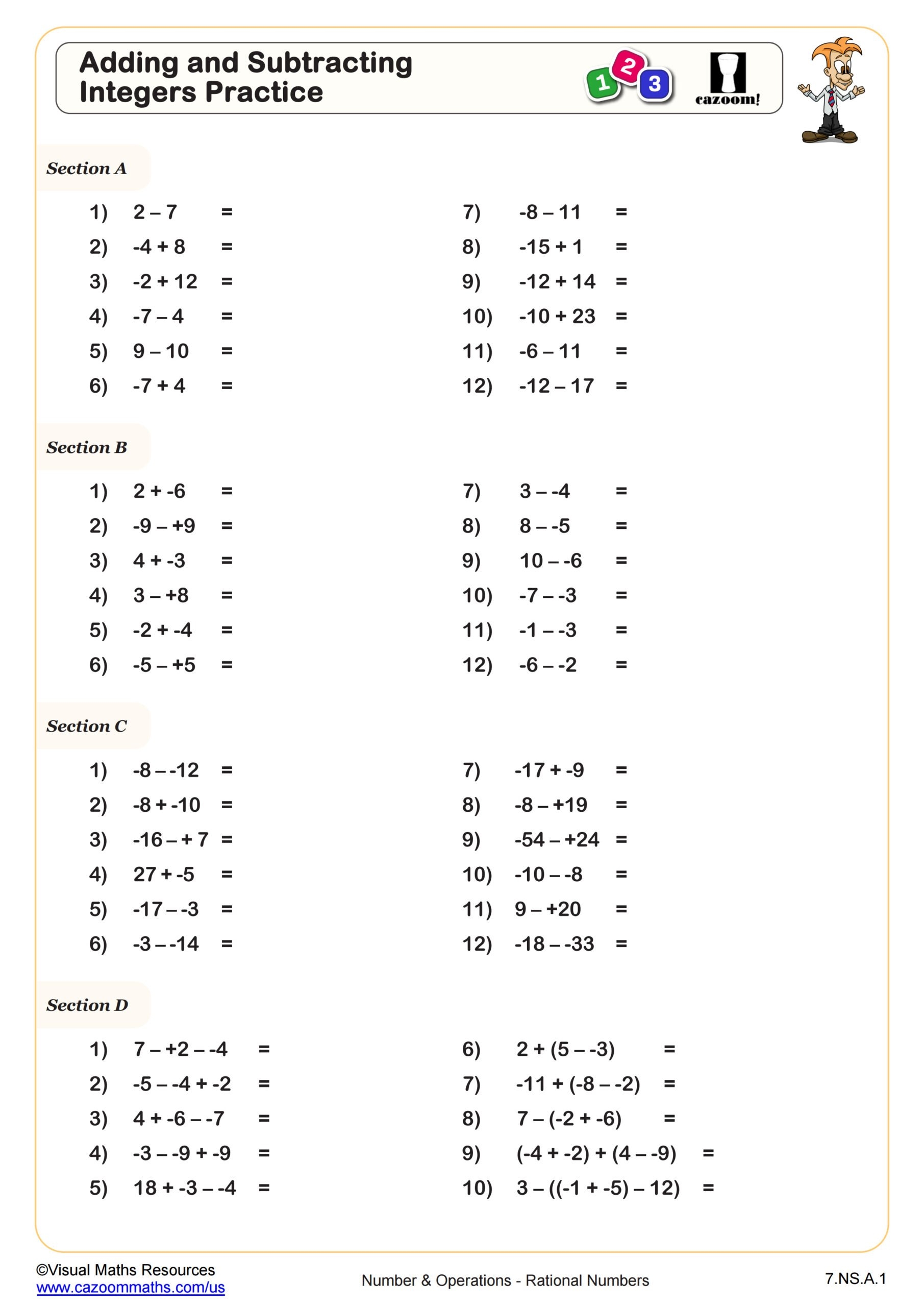Addition And Subtraction Of Integers Printable Worksheets