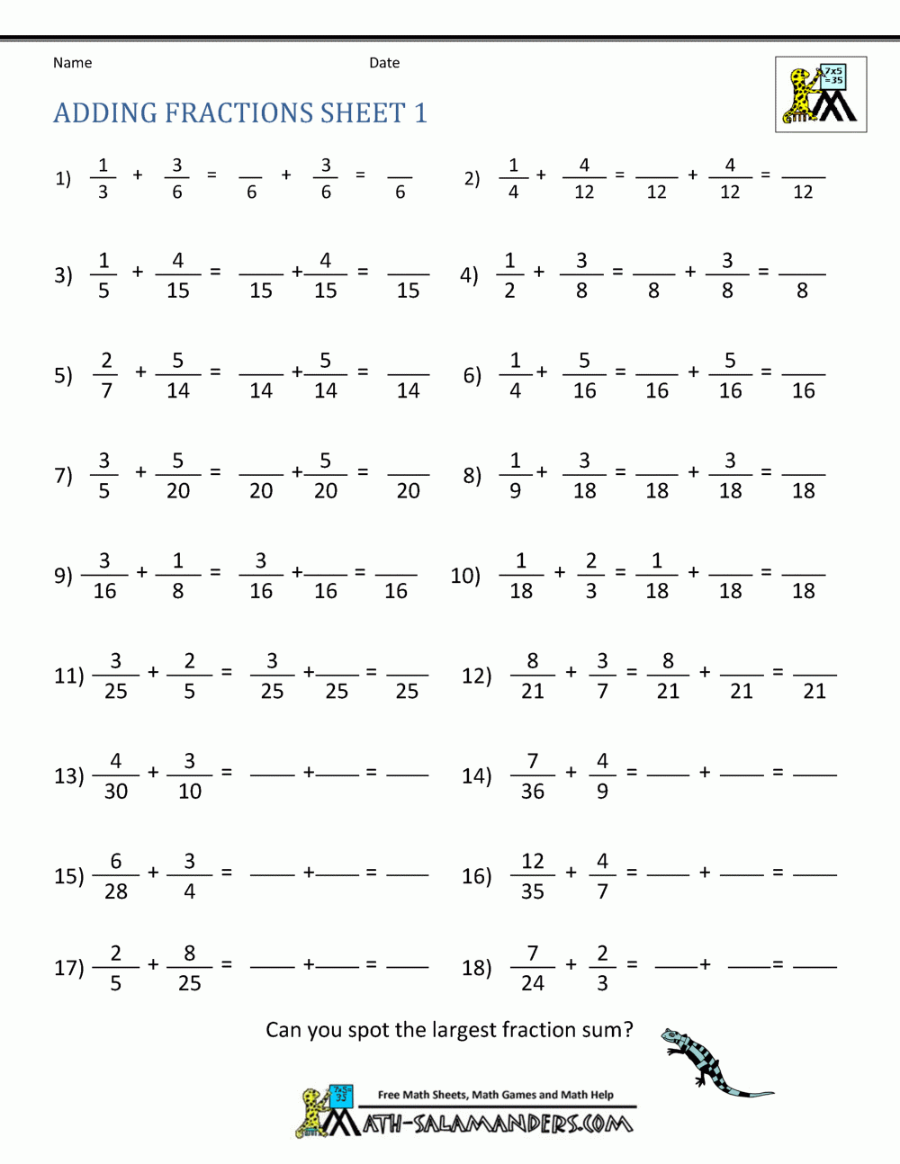 5Th Grade Printable Fractions Worksheets