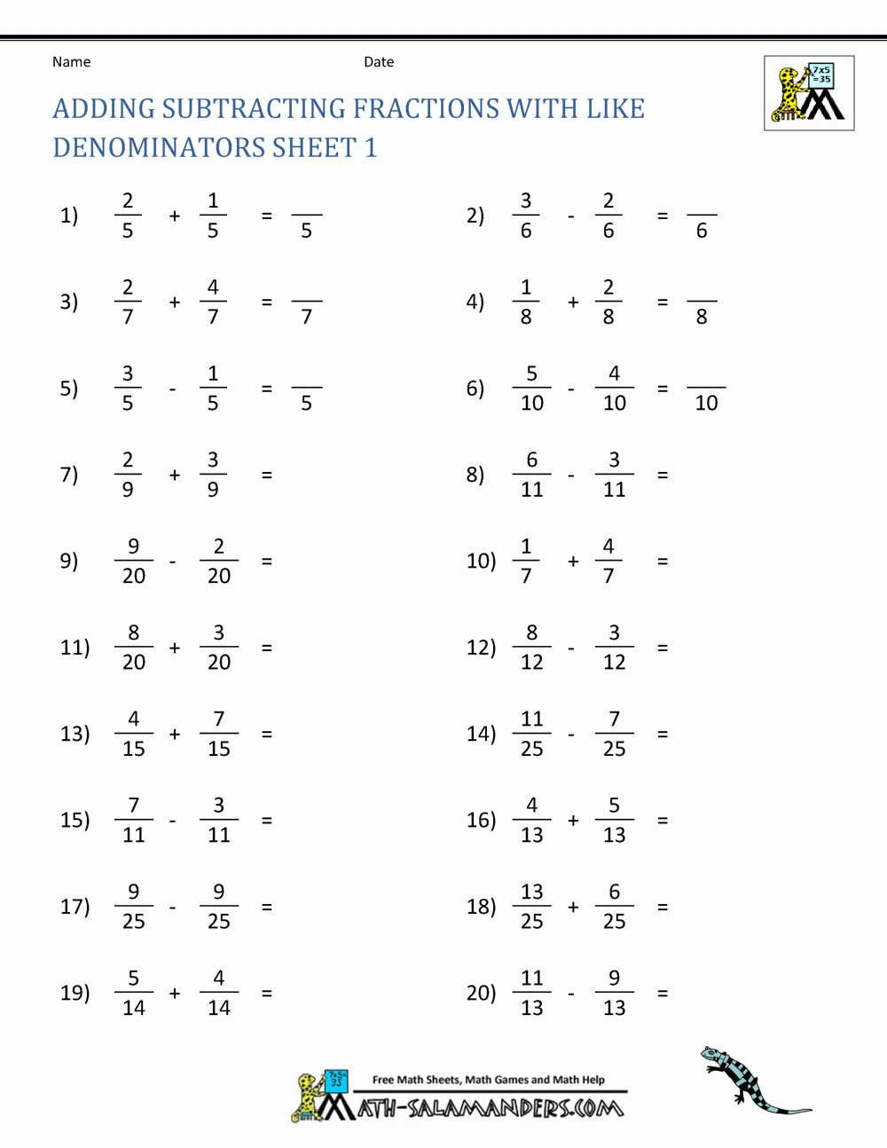 Adding And Subtracting Fractions Worksheets Printable