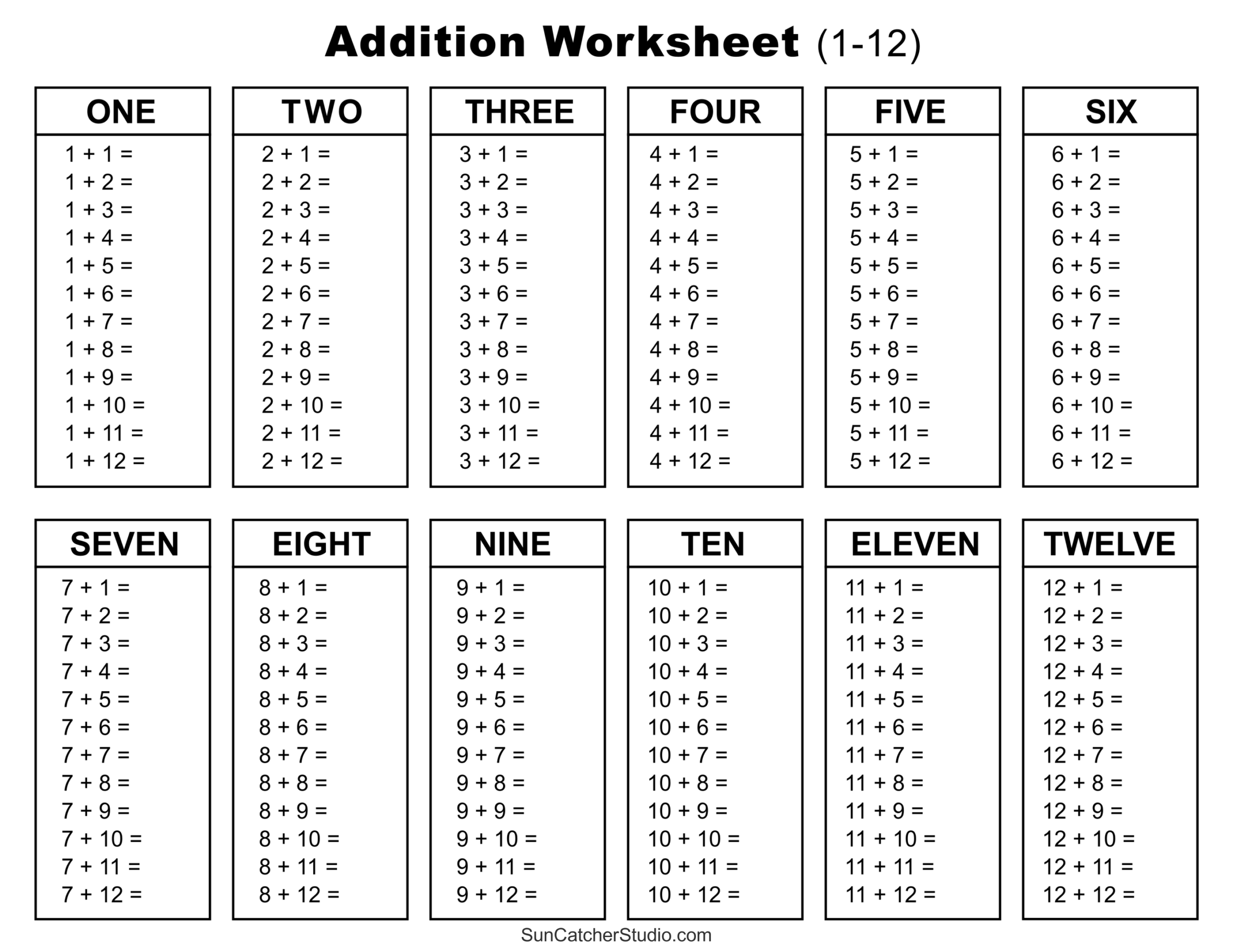 Addition Printable Worksheets Horizontal Format