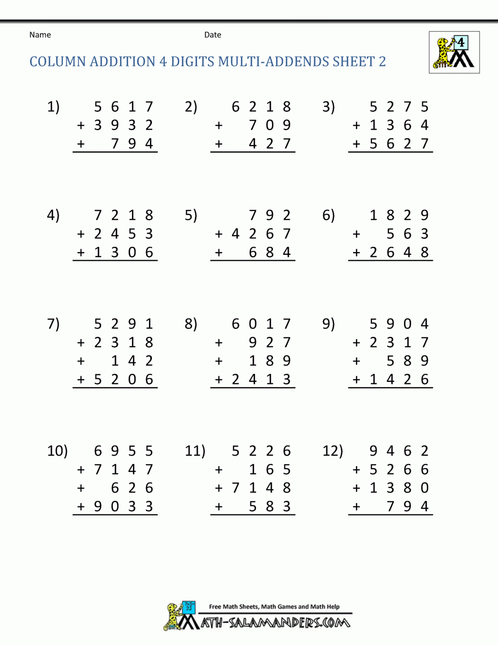 4Th Grade Addition And Subtraction Printable Worksheets