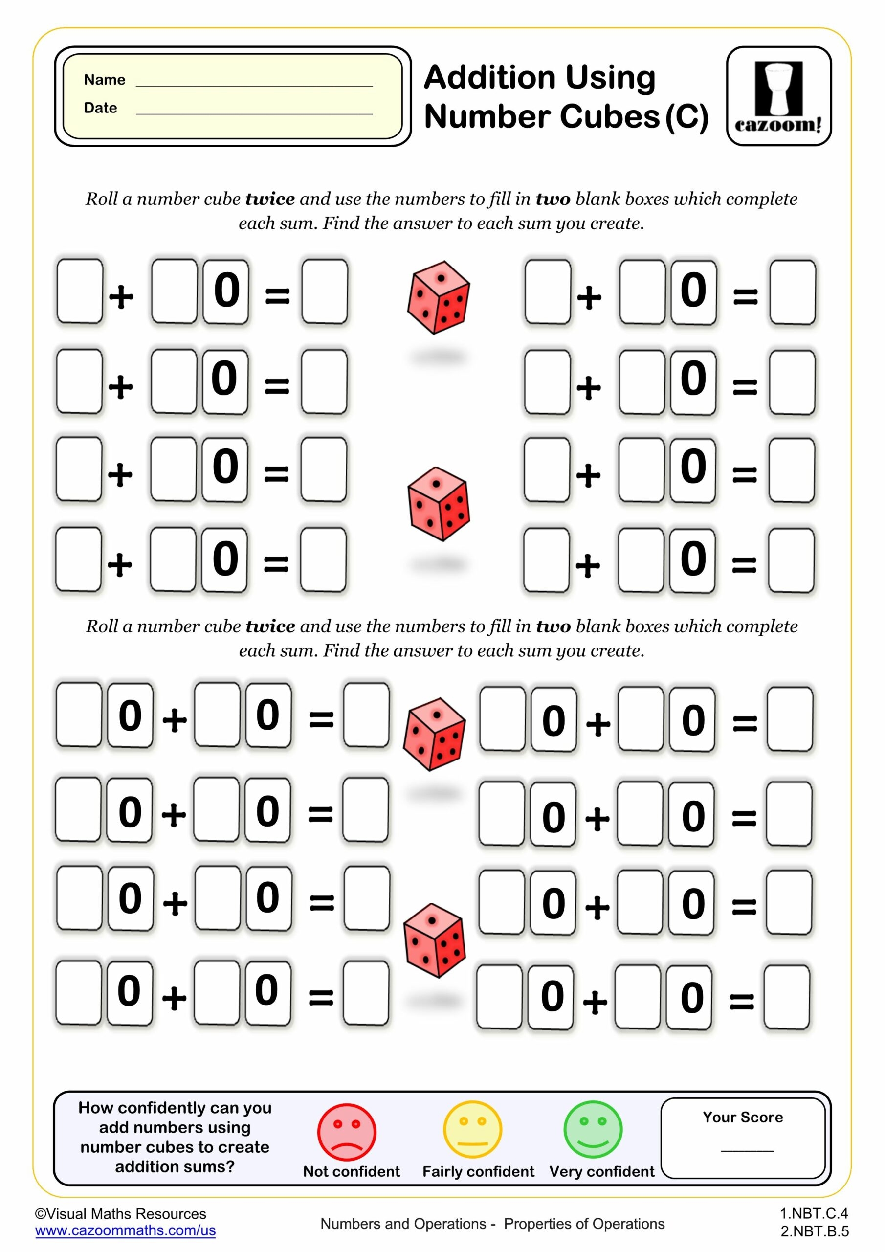 Addition Using Number Cubes C PDF Printable Addition Worksheets