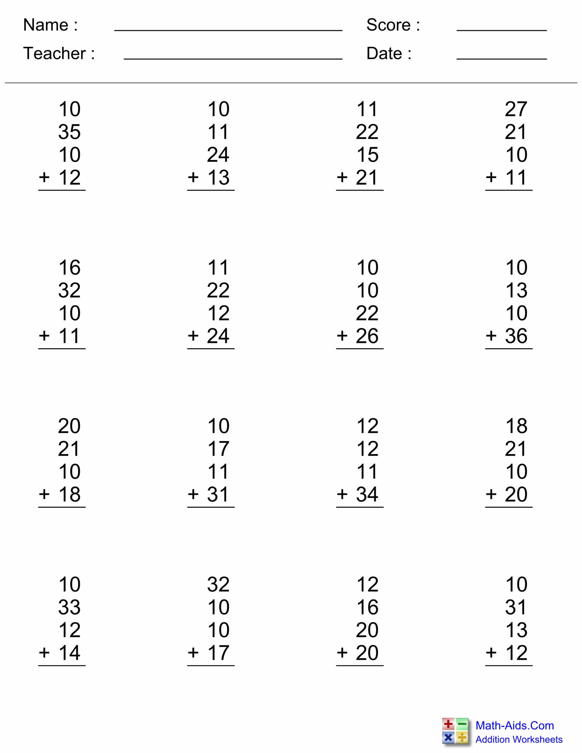 Addition Worksheets Dynamically Created Addition Worksheets