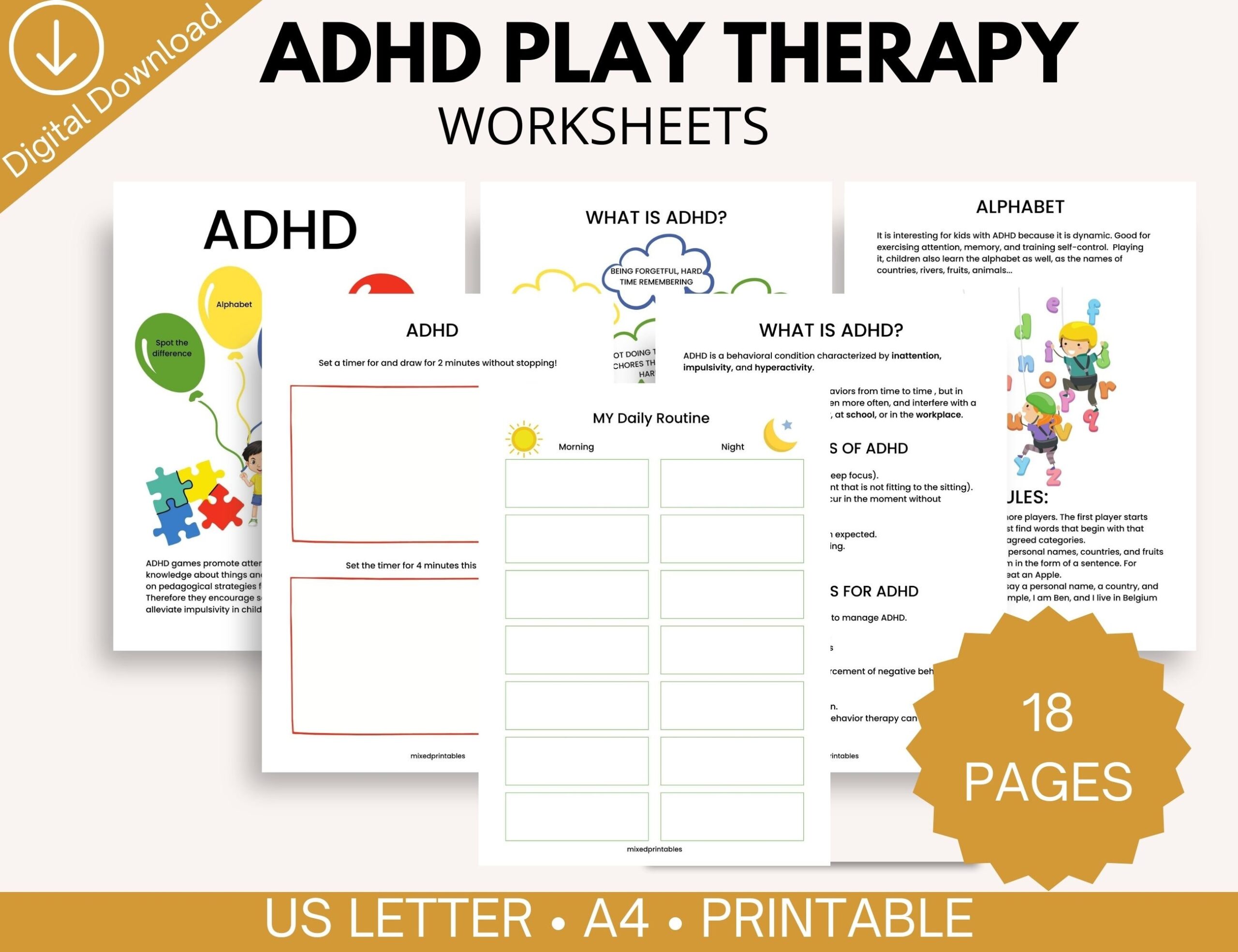 ADHD Play Therapy Workbook For Kids Printable Routine Charts Focus Activities Coping Skills 18 page Digital Download Etsy