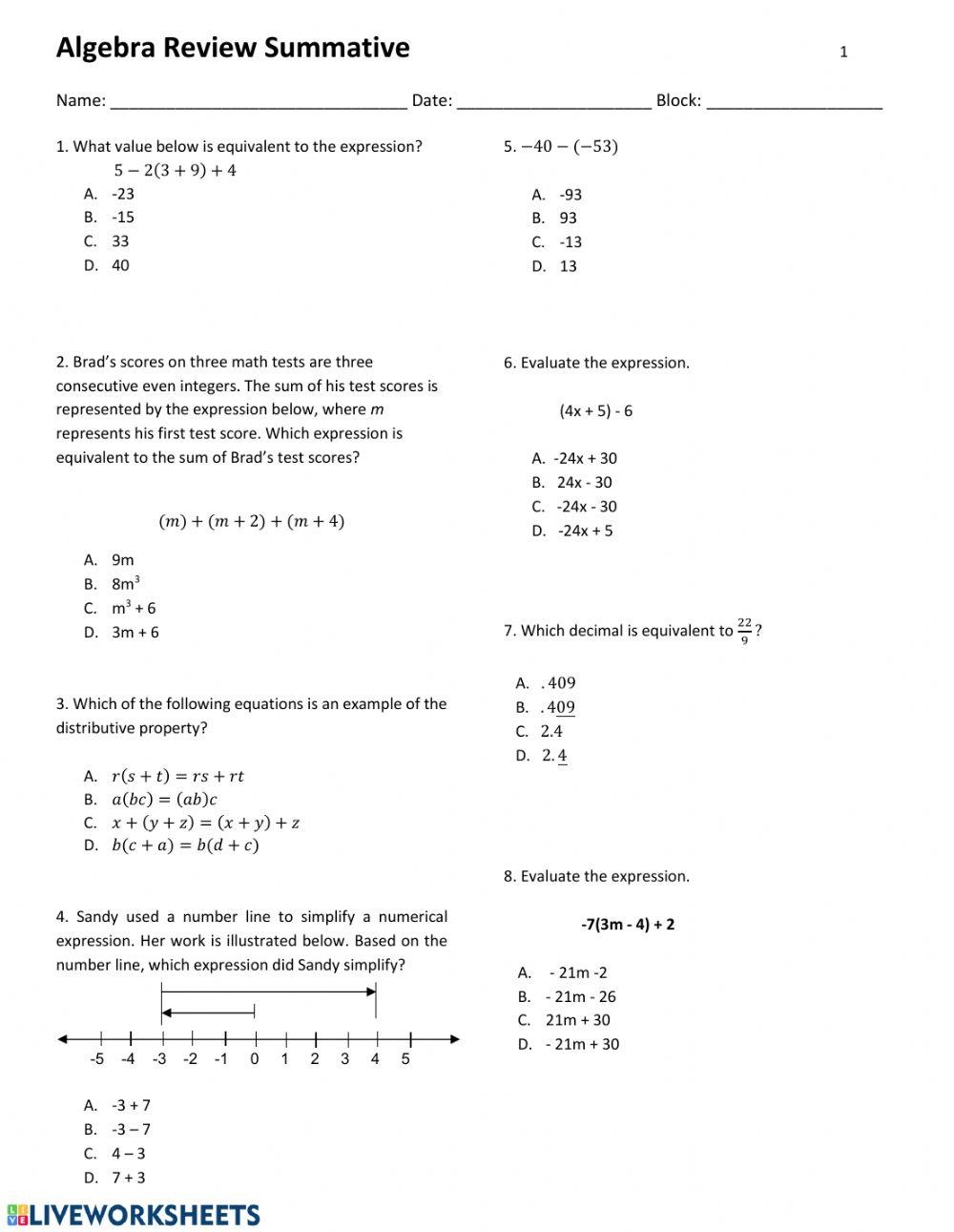 Algebra Review Worksheet Live Worksheets Worksheets Library