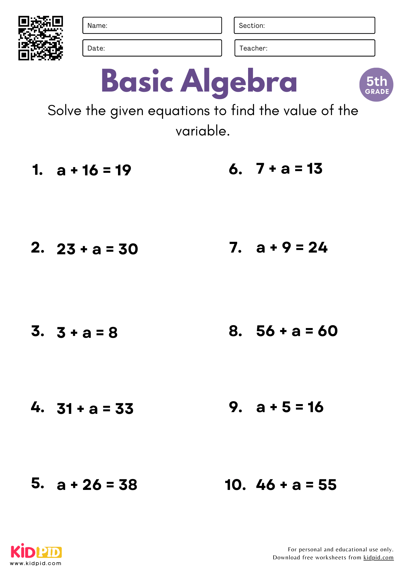 5Th Grade Algebra Printable Worksheets