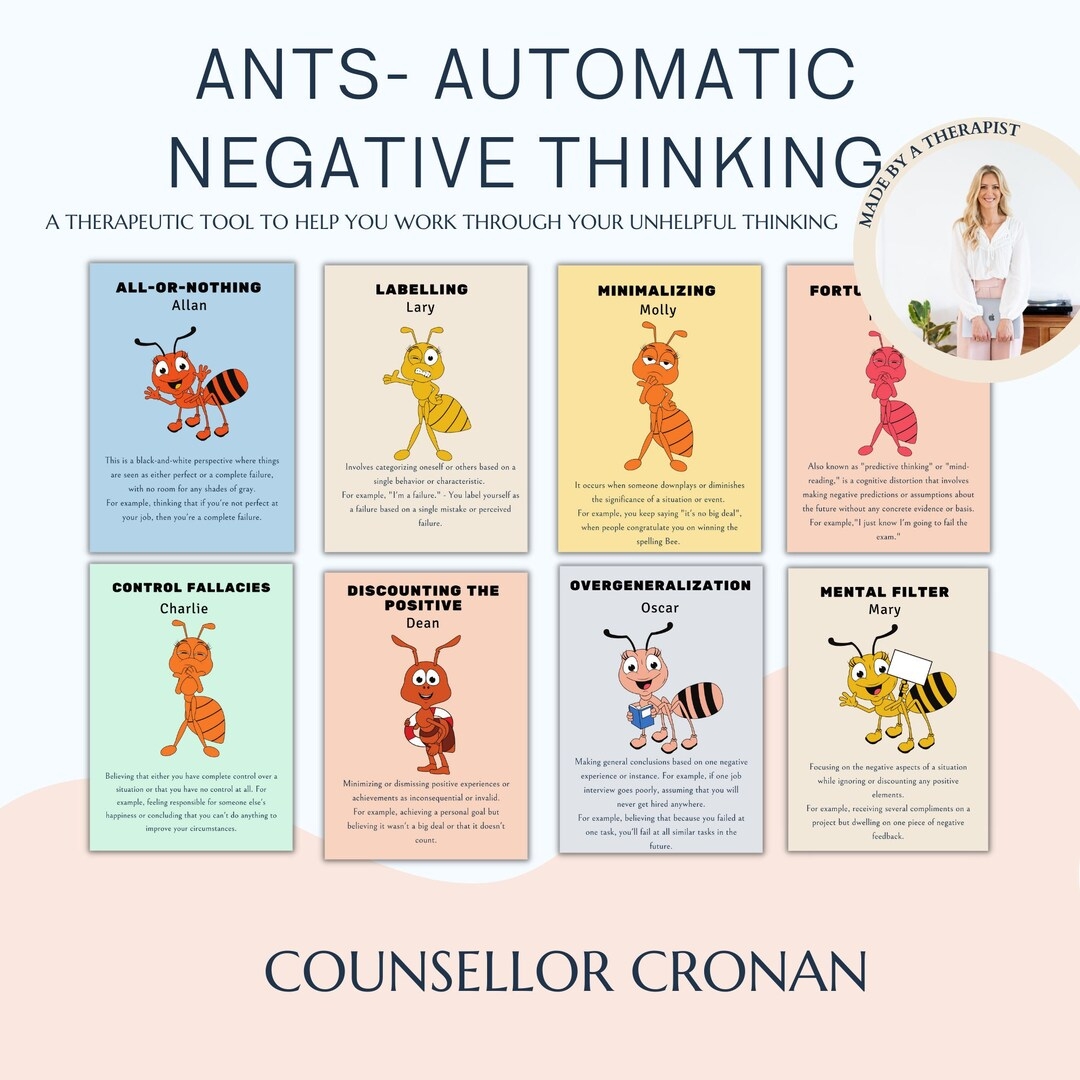 ANTS Automatic Negative Thinking Cards Thinking Errors Cbt Cards Cognitive Distortions Mindset Framing Thoughts Therapy Tools Etsy