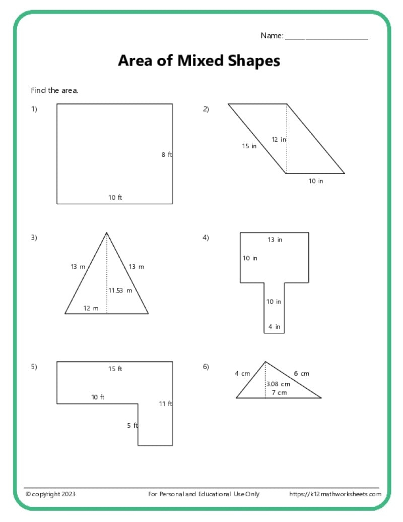 Find The Area Printable Worksheets