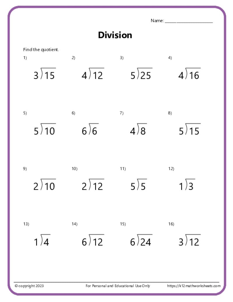 Division Printable Worksheets For 5Th Grade