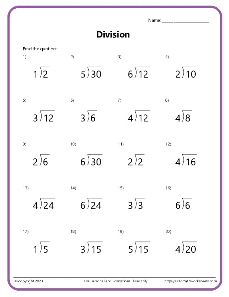 4Th Grade Division Printable Worksheets