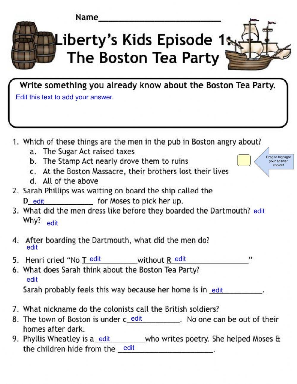 Boston Tea Party Printable Worksheets