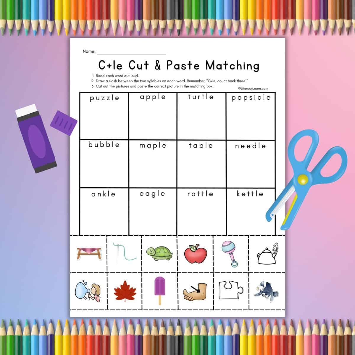 C le Words Cut Paste Worksheet Free Printable Literacy Learn