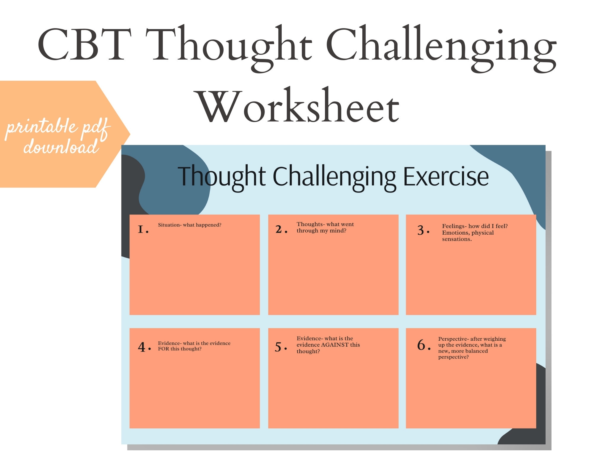 CBT Thought Record Worksheet Anxiety Negative Thought Challenging Printable Mental Health Therapy Worksheet Instant Download PDF Etsy