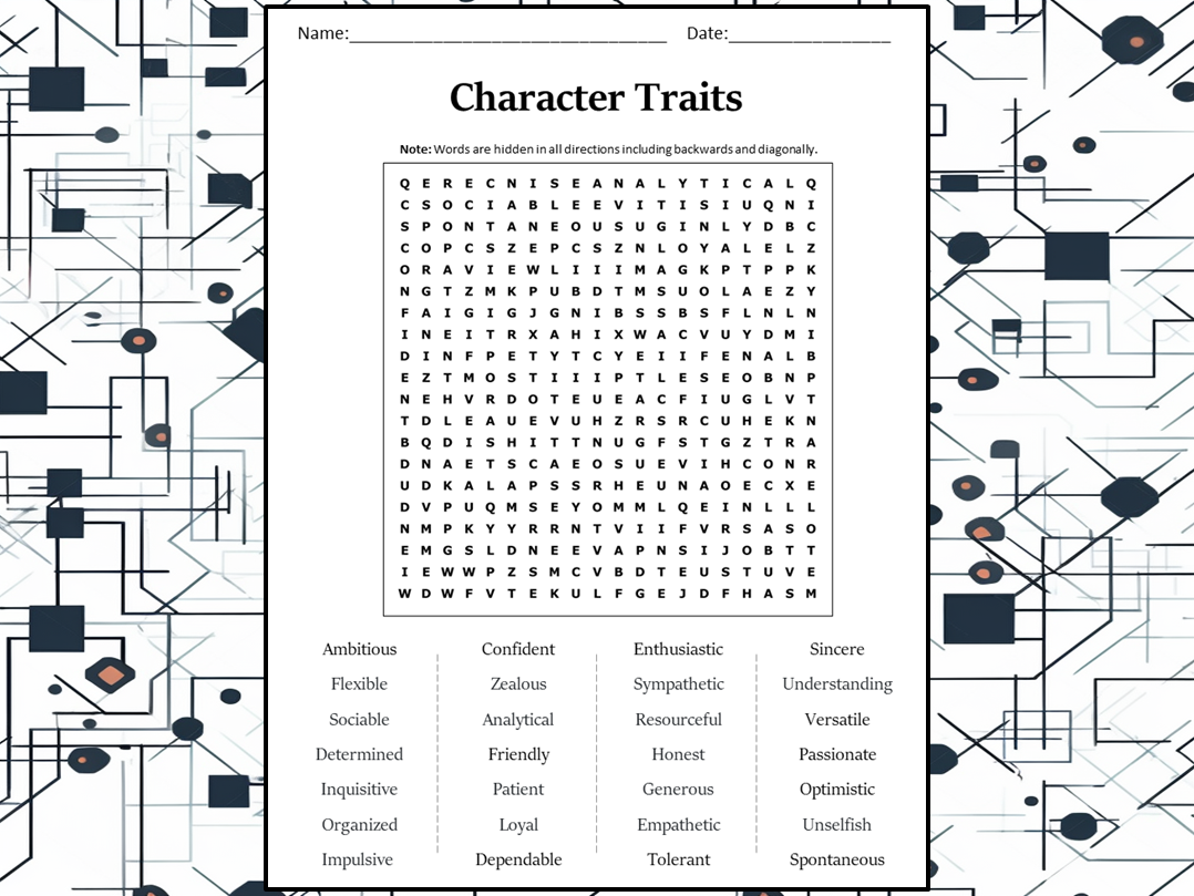 Character Traits Words Free Printable Worksheets