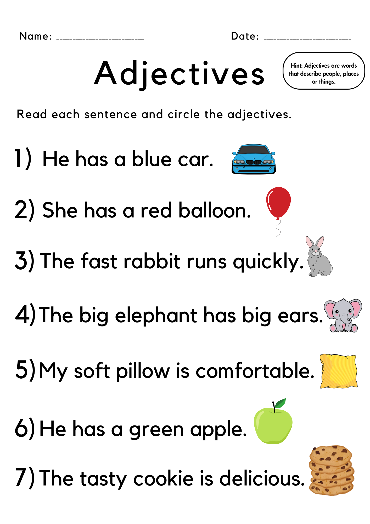 First Grade Identific Adjetives Worksheets Printable