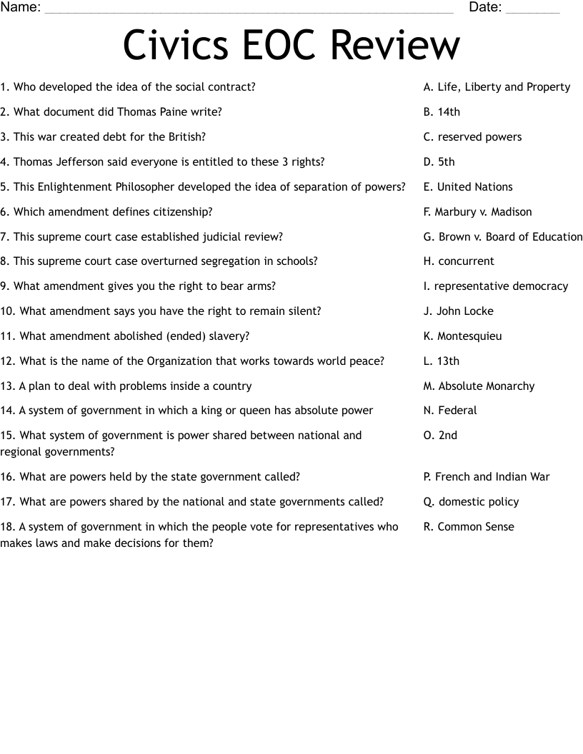 Civics EOC Review Worksheet WordMint